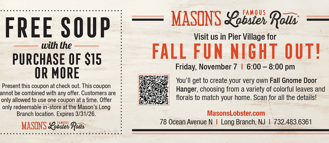 Mason’s Famous Lobster Rolls Located In Pier Village & Fall Fun Night Out On Nov 7 2025