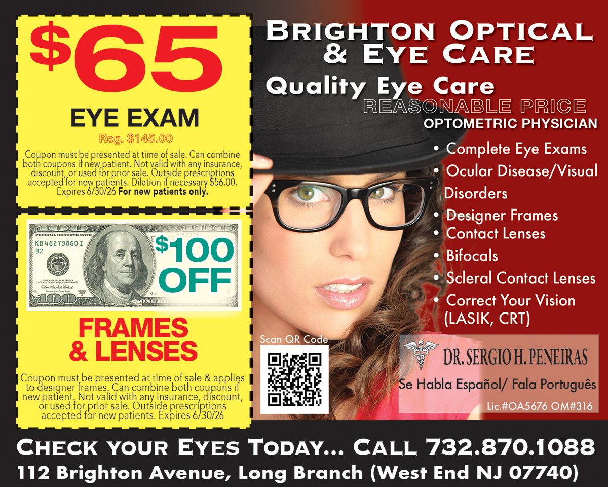 Brighton Optical and Eyecare coupon for eye exams and eyewear in Long Branch NJ