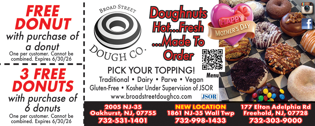 “Broad Street Dough Co coupon for fresh gourmet donuts in Oakhurst, Freehold, and Wall Township NJ”