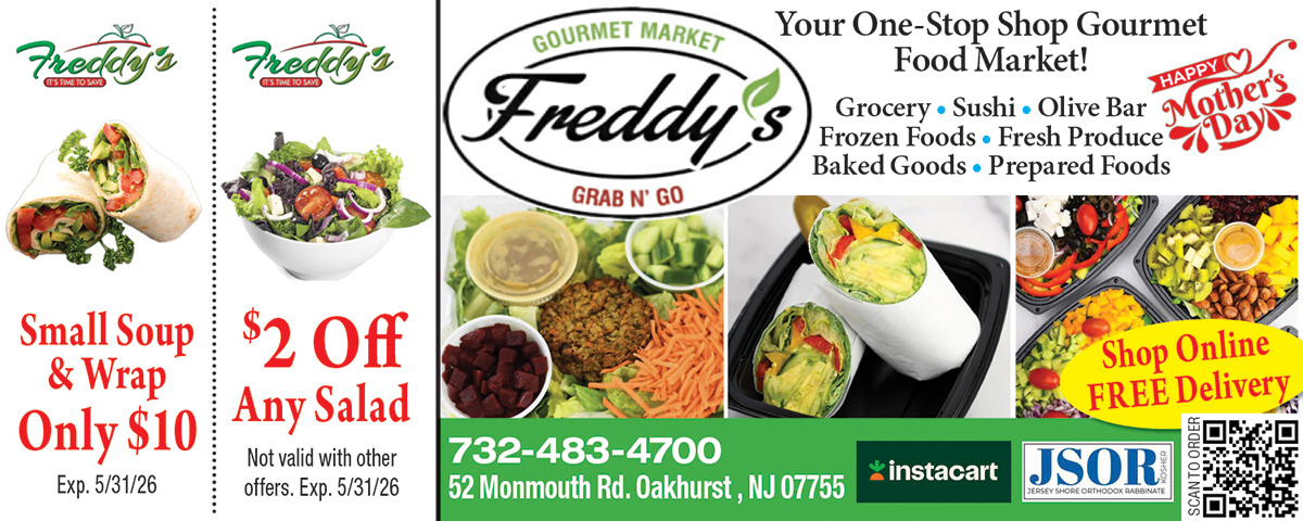 Freddy’s on Monmouth kosher gourmet food shop coupon in Oakhurst NJ offering discounts on fresh prepared meals and specialty kosher products
