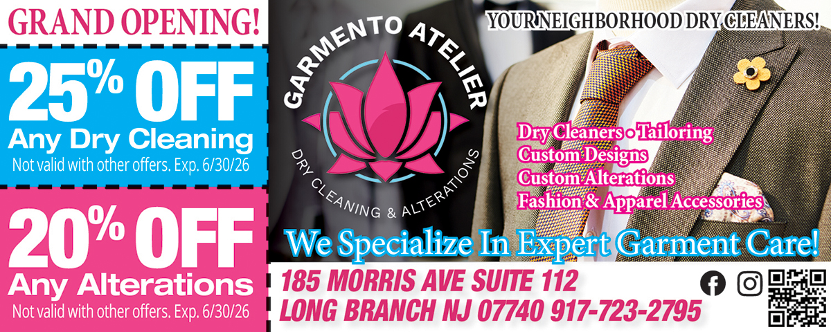 “Garmento Atelier Dry Cleaners Long Branch NJ coupon offering discounts on dry cleaning, tailoring, and garment care services.”
